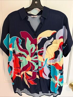 The Kit Floral Button-Down Blouse in Navy Multi